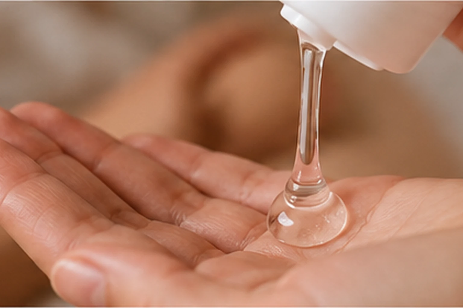 Transparante gel wordt uit een neutrale flacon op een hand aangebracht